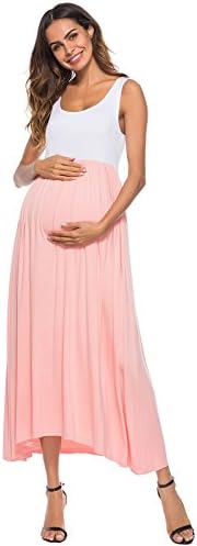 Womens Sleeveless Maxi Maternity Dress Casual Ruffled Color Block Tank Dress (M, Dusty Pink/White)