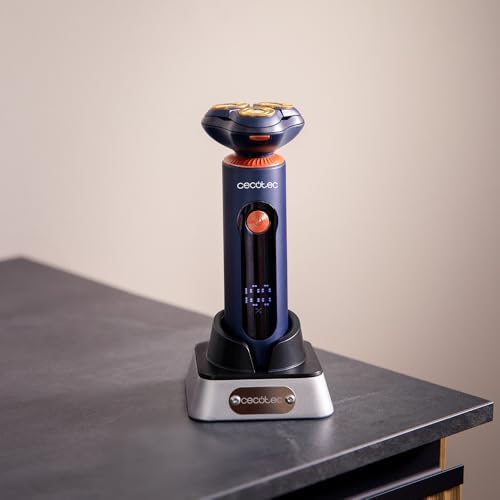 Rasoio Rotativo PrecisionCare Aluminium Pro. Autonomia 80min, Display LCD, Lame Titanio, 8000rpm, Resistente all'Acqua IPX6, Tecnologia Doppia Lama, Base Ricarica
