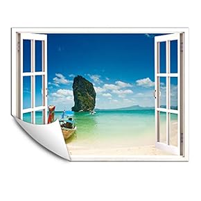 Wall Murals for Bedroom Fake Window Beach White Window Removable Wallpaper Peel and Stick Wall Stickers - 24x32 inches