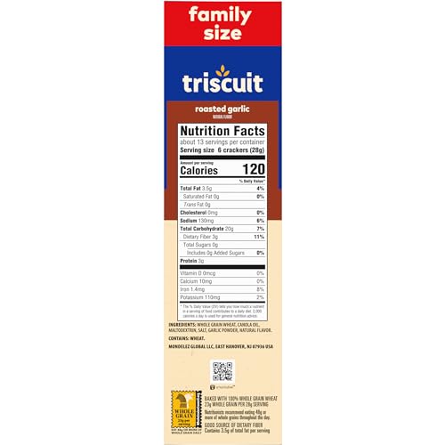TRISCUIT ROASTED GARLIC WHOLE GRAIN WHEAT CRACKERS, SNACK CRACKERS, LUNCH SNACKS, FAMILY SIZE, 12.5 OZ