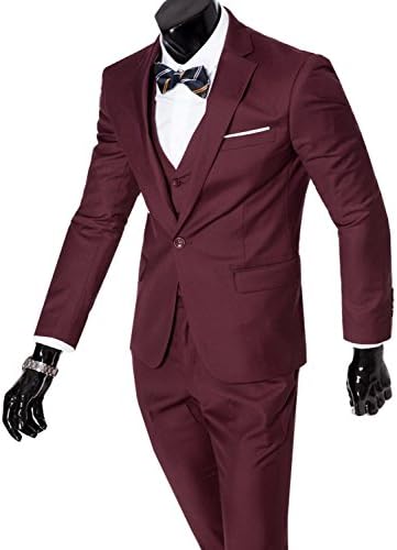 Ubling Men's Modern Fit Suit Blazer Jacket Tux Vest &amp; Trousers Set 3-Piece Burgundy M