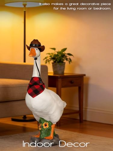 LarpGears Premium Adjustable Large Porch Goose Statue – 23” Realistic Hollow Plastic Garden Goose with Removable Cowboy Hat & Bandana, Stone Base with Sand-Fillable Design for Outdoor Stability