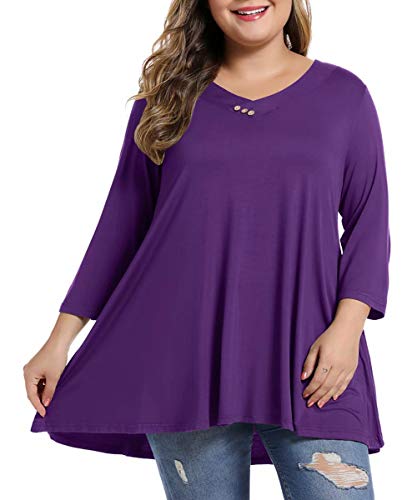 MONNURO Womens 3/4 Sleeve V Neck Plus Size Casual Loose Flowy Swing Tunic Tops Basic T Shirts Wearing with Leggings(Deep Purple,1X)
