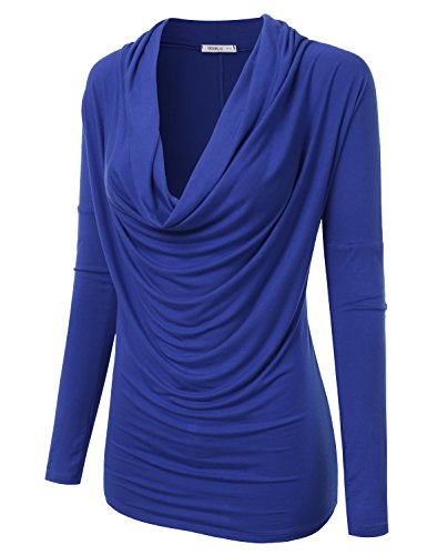 Doublju Soft Knit Cowl Neck Blouse Top For Women WIth Plus Size (Made In USA) ROYAL LARGE