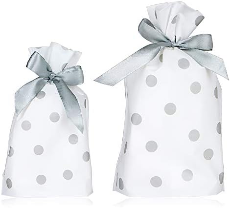 Luxcathy 50 Counts Plastic Drawstring Gift Bags (Silver Dot)