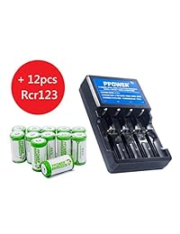 Ppower Pbe 12 paquetes de 700 mAh 3,7 V Cr123a batería recargable + PPOWER 4 ranuras 3,7 V cargador de iones de litio (PI4) + cajas de baterías (12 X) certificado CE para Arlo cámara, Argus Reolink, Keen, etc.
