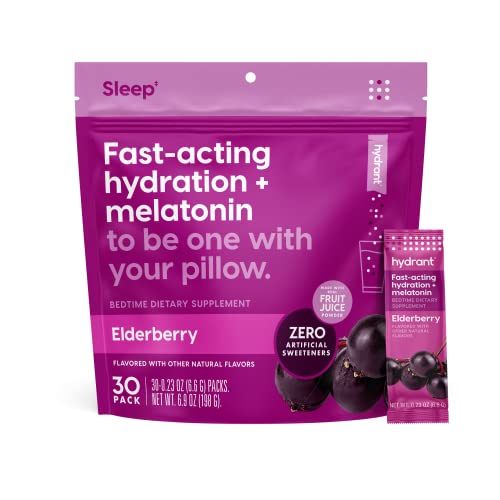 Hydrant Sleep, Individual Hydrating Rest and Recovery Powder Stick Packets with a Blend of Melatonin, L-Theanine, Magnesium, & Chamomile (Elderberry, 30 Pack)