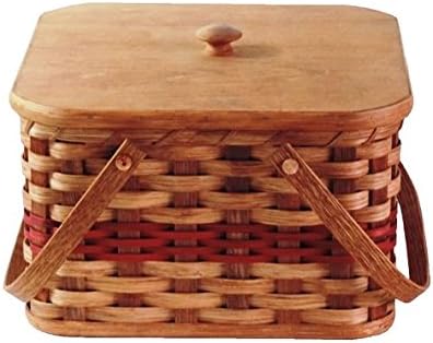 Amish Handmade Square Double Pie Basket w/Inside Tray, Lid, and Two Swinging Carrier Handles (Red w/o Liner, Large)