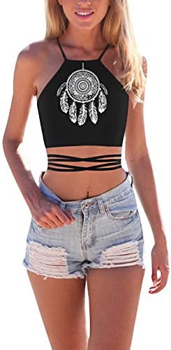 Momodani Women's Cartoon Print Crisscross Lace Up Cropped Halter Top,Dream Catcher