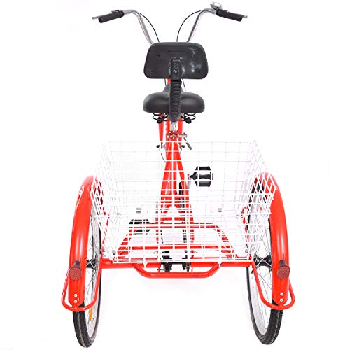 YiiYYaa Adult Tricycle Trike Cruise Bike, 24 Inch Wheel Single Speed 3 Wheeled Bicycle with Large Size Basket for Recreation, Shopping, Exercise (Red)