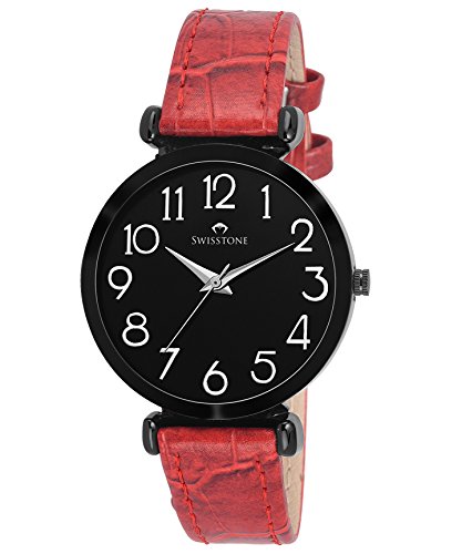 Swisstone Analogue Black Dial Red Leather Strap Women's & Girl's Watch - Ck301-Blk-Red