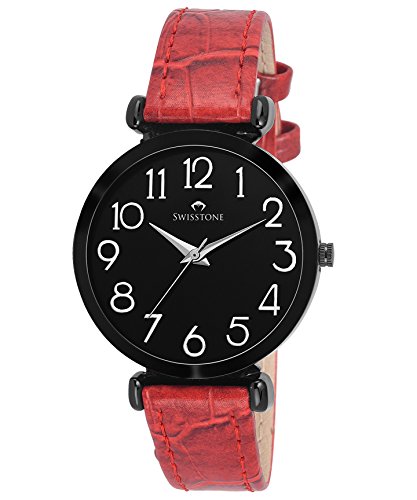 Swisstone Analogue Black Dial Red Leather Strap Women's & Girl's Watch - Ck301-Blk-Red