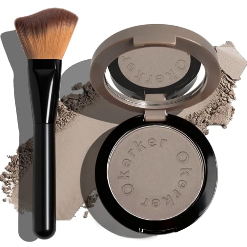 Okerker Cool Toned Contour Palette with Mirror, Taupe Grey Contour Powder for Fair Pale Light Cool Toned Skin, Nose Contouring Bronzer Powder with Face Wavy Bristles Brush