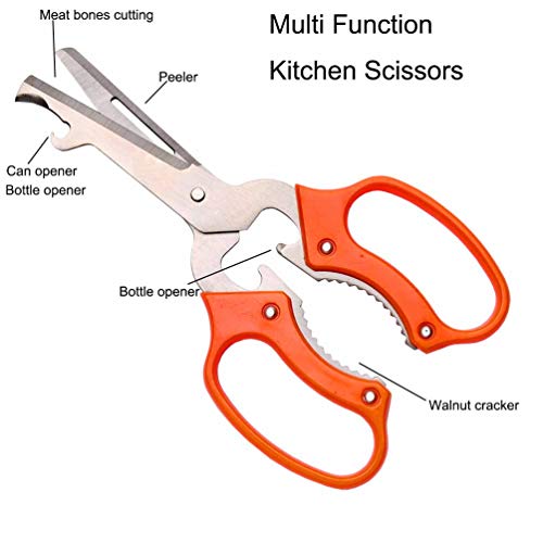 Liangery Multifunction Kitchen Scissors, Sharp Utility Cutting Scissors Shears for Chicken Meat Vegetables Fish Beef with Can Bottle Opener Stainless Steel Shaving Knife,Walnut clip Function in Orange