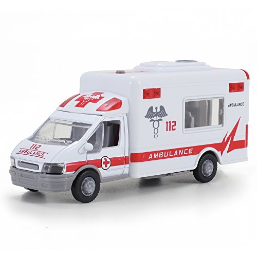 Diecast Ambulance Pullback Friction Toy Emergency Vehicle w/ Lights and Sounds