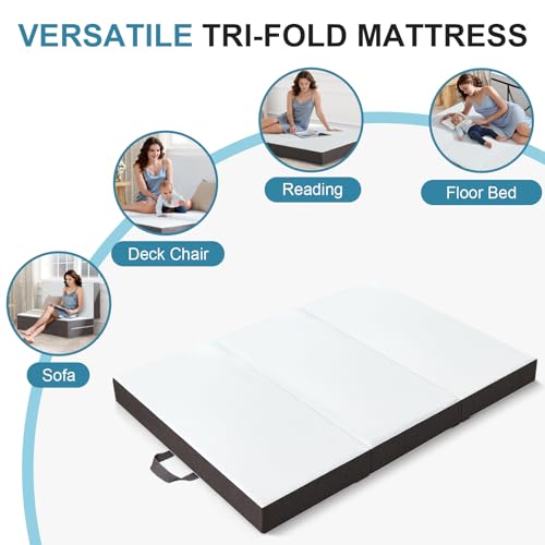 Slufra 6 Inch Folding Mattress Queen Size, Memory Foam Mattress with Removable Cover, Portable Floor Bed for Sleepovers and Camping, High-Density Support, 78"X 58"X6", White
