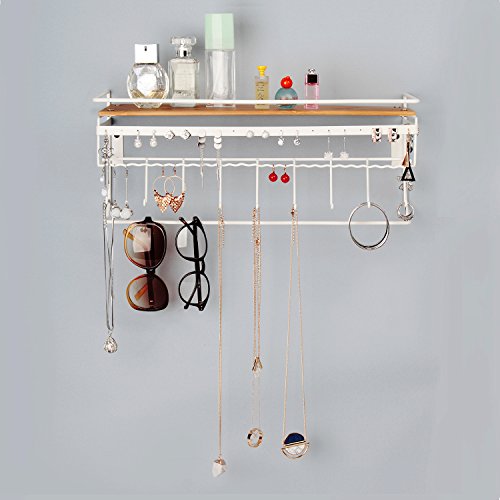 JackCubeDesign Hanging Jewelry Organizer Necklace Hanger Bracelet Holder Wall Mount Necklace Organizer with 9 Hooks and Bamboo Support(White,16.9 x 5.9 x 7.1 inches) - :MK237B