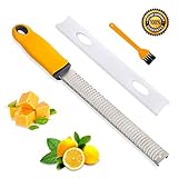 Lemon Zester Stainless Steel Cheese Grater for Chocolate Ginger Garlic Nutmeg Potato Vegetables Fruits, Protect Cover and Brush Included - Dishwasher Safe (Yellow)