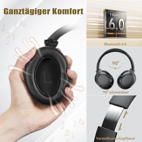 TECKNET Over Ear Bluetooth Headphones with Hybrid Active Noise Cancelling, Wireless Bluetooth 6.0 Headphones, 70 Hours Playback Time, 6 EQ Modes, 3.5 mm Audio Cable for Home, Travel and Office, Black