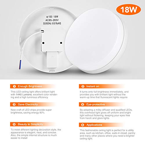 Badkamerlamp 18 W 1440 lm 6500 K koel wit Φ15,5 * 4,3 cm plafondlamp met inbouw LED voor slaapkamer, badkamer, keuken… - Afbeelding 5