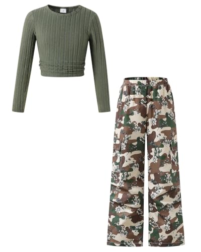 Girls 2 Piece Outfits Long Sleeve T-shirt Cargo Pants Set,green camo,8Y at Amazon