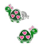 Hypoallergenic Sterling Silver Turtle with Hearts & Bow Stud Earrings for Kids (Nickel Free)