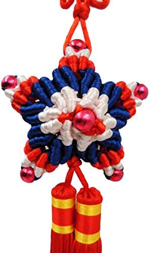 Feng Shui Decor, KNOT LOVE Chinese Knot Tassels Star, Good Luck Charm for Prosperity and Good Fortune, Chinese New Year Decorations (Red, White with Blue)
