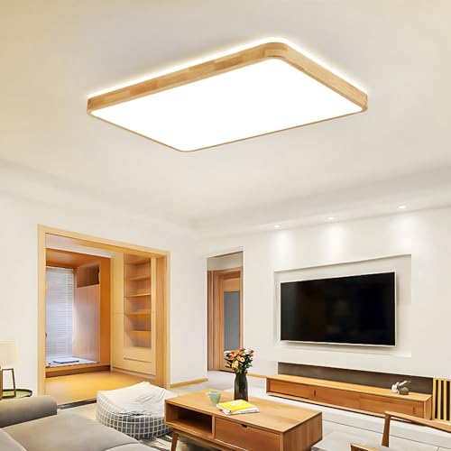 WayLuoung LED Wood Ceiling Light | 80 x 60 cm 3000-6000 K 78 W | Rectangular Natural Wood Lamp 360° Glow for Bedroom Living Room Children's Bedroom Kitchen Room (Dimmable with Remote Control)