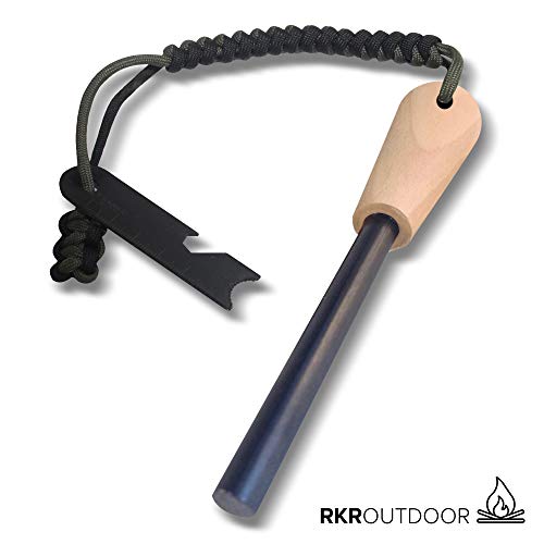 Traditional Fire Starter with Handcrafted Wood Handle | 5/16″ Inch Thick Waterproof Ferro Rod Fire Starter with Multi-Tool Striker & Paracord Rope | Lightweight Multi-functional Emergency Camping Tool