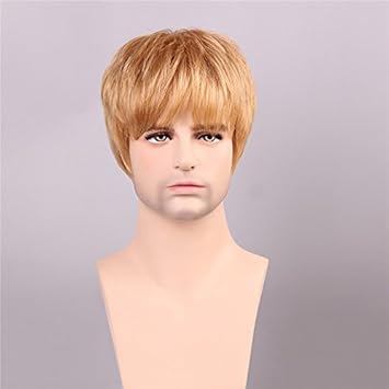 Men Human Hair Wigs Golden Brown With Blonde Short Mono Top Male