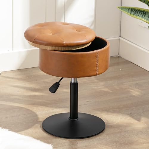 Photo 1 of ***DOES NOT RISE OR FALL****LUE BONA 360°Swivel Vanity Stool Chair for Makeup Room, Height Adjustable Stool for Vanity with Storage, Small Whiskey Brown Faux Leather for Bathroom, Living Room