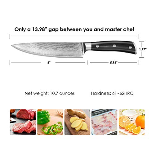 Damascus Chef Knife, 8-inch Kitchen Knife, AUS10V Japanese High Carbon Stainless Steel with Razor Sharp Blade/Gift Sheath/Gift Box Included