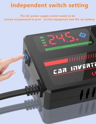 200W Car Power Inverter, DC 12/24V to 220V AC Converter with 3 USB 2 Type-C Ports, LED Screen Display, Switch Control for Cars SUV Truck