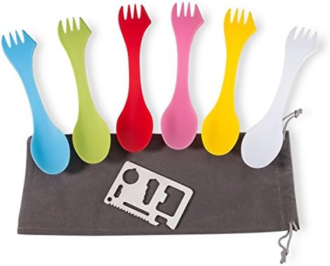 TTOBS 6-Pack Plastic Three in One Fork &amp; Knife Combo with Carry Case, Multi-functional Children 's Tableware, Portable Spoon Best for Outdoor Activities, add Free 11 in 1 Credit Card Knife