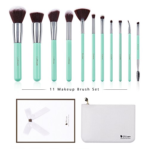 DUcare Makeup Brush Set 11Pcs Professional with Travel Bag Synthetic Face Eye Shadow Eyeliner Foundation Blush Lip Powder Liquid Cream Blending Brow Gift Make Up Brushes Set(Green with case)