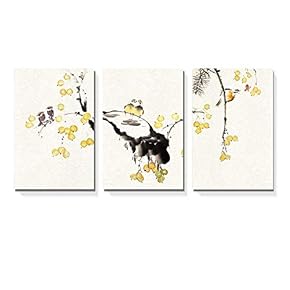 3 Panel Canvas Wall Art - Chinese Ink Painting Style Birds on Tree Branch with Small Yellow Fruits - Giclee Print Gallery Wrap Modern Home Art Ready to Hang - 16"x24" x 3 Panels
