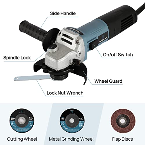 C P CHANTPOWER Angle Grinder Power Tool, 115mm 900W Corded Angle Grinder with 2X Cutting Wheel, 2X Grinding Wheel, 1X Flap Discs and Side Handle