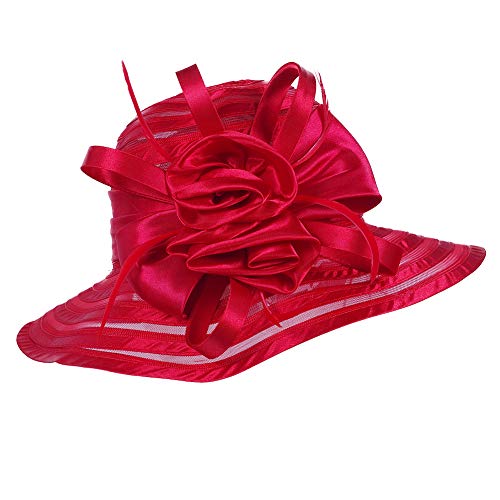 Women's Big Floral Fascinators Kentucky Derby Church Floppy Wide Brim Cloche Bowler Bucket Hat (Red)