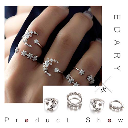image for Edary Boho Crystal Rings Set Moon Rhinestone Joint Knuckle Ring Set Si