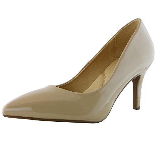 DailyShoes Women s Comfortable Elegant High Cushioned Low Heels Pointy Close Toe Stiletto Pumps Shoes, Beige Patent Leather, 8 B(M) US