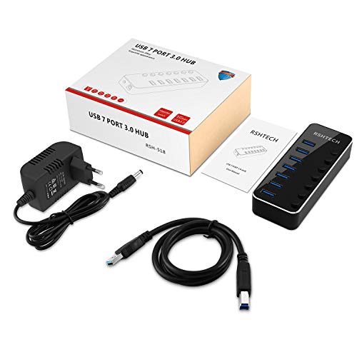RSHTECH USB 3.0 Hub Powered with 10W Power Supply USB 3.0 Hub 7 Ports Aluminium Distributor USB 3.0 Port with 5V/2A Power Adapter and Individual On/Off Switch (RSH-518)