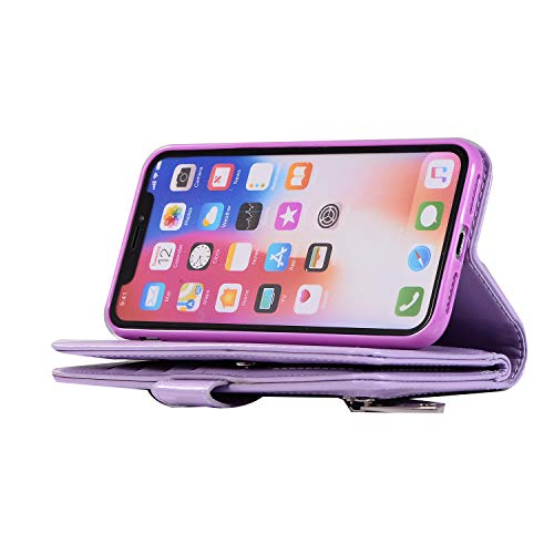 Shinyzone Wallet Phone Case for iPhone Xs with 9 Card Slots,iPhone X Glitter Leather Case with Zipper Pocket,Fashion Design with Hand Strap Magnetic Stand Flip [Dual Folio] Cover,Purple - Thumbnail 3