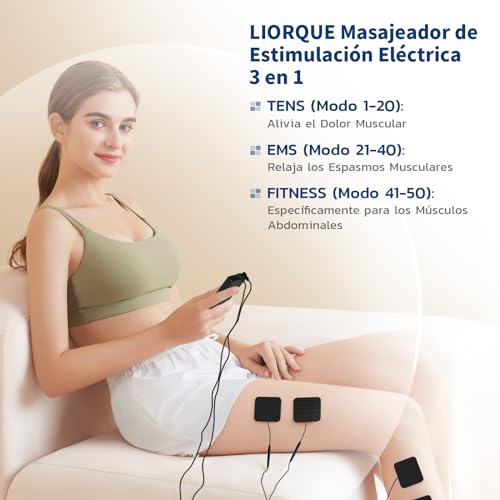 LIORQUE Muscle Electrostimulator, TENS/EMS/FITNESS Electrostimulator 3 in 1, 50 Modes, 10 Pcs TENS Electrodes, 16 Intensity Levels for Pain Relief (Black)