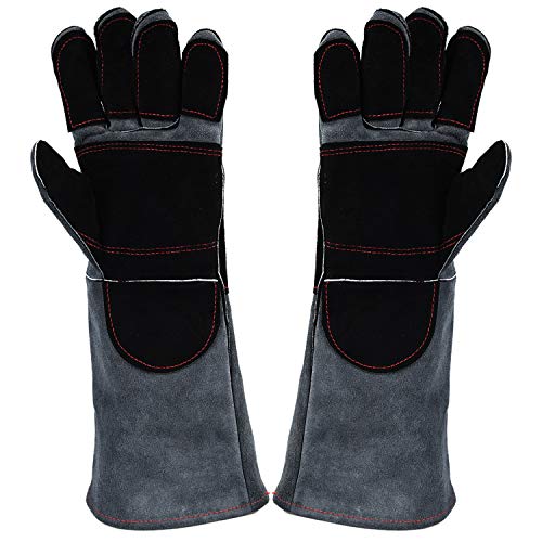 Welding Gloves Lined Leather Extreme Heat Resistant Double Insulation For Mig, Tig Welders, BBQ, Gardening, Camping, Stove, Fireplace and More - 16 in, Grey+Black