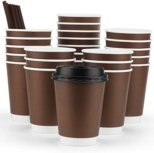 Eupako 12 oz Disposable Coffee Cups With Lids and Straws, Paper Coffee Cups, To Go Coffee Cup, Insulated Travel Cup, Double Wall Cups (Brown, 50 Set)