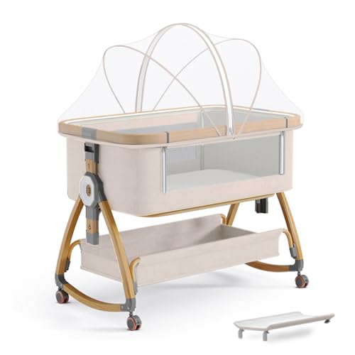 Baby Bassinet, Bedside Bassinet for Baby, 4 in 1 Portable Bedside Sleeper with Wheels Mosquito Net & Storage Basket, 6 Height Adjustable Rocking Bassinet for Newborn Baby