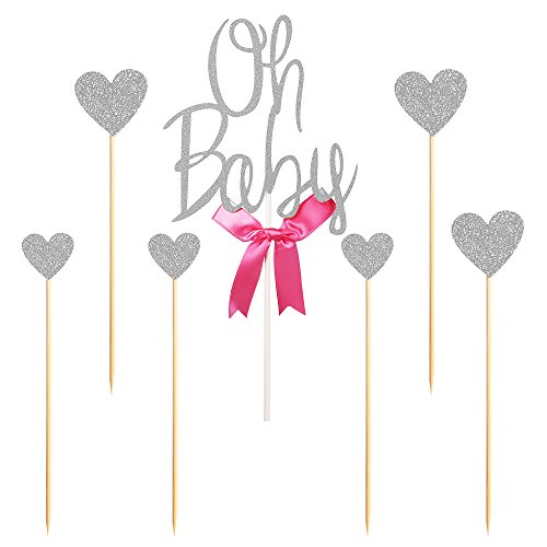 PALASASA Silver Glitter "Oh Baby" and love star Happy Birthday Cake Topper Party Baby Shower Cake Decoration,Set of 7