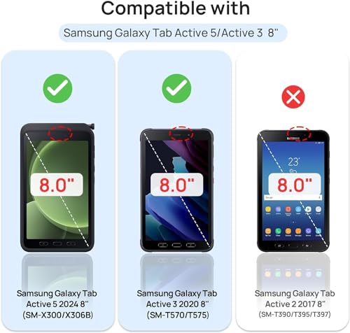 Gerutek Shockproof Case for Samsung Galaxy Tab Active 5 2024/Tab Active 3 2020 8 Inch, SM-X300/X306B/T570/T575, Heavy Duty Armor Case with Rotating Stand, Hand Strap and Shoulder Strap, Pen Holder, Black
