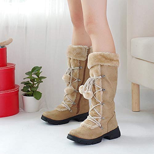 Teresamoon Women Suede Hairball Round Toe Square Heel Shoes Keep Warm Zipper Snow Boots (Beige/42)