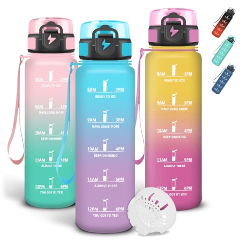 Grsta 1 Litre Water Bottle, Motivational Water Bottles, Gym Water Bottle with Time Indicator, Easy to Carry, Leak-proof Graduated Bottle for Office, Outdoor, Yoga